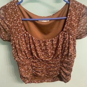 Aeropostale scrunched top brown with blue and white flowers